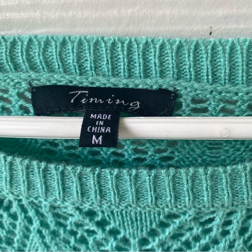 TIMELESS Open Knit Lightweight Crewneck Sea Foam Green Sweater - Picture 6 of 9